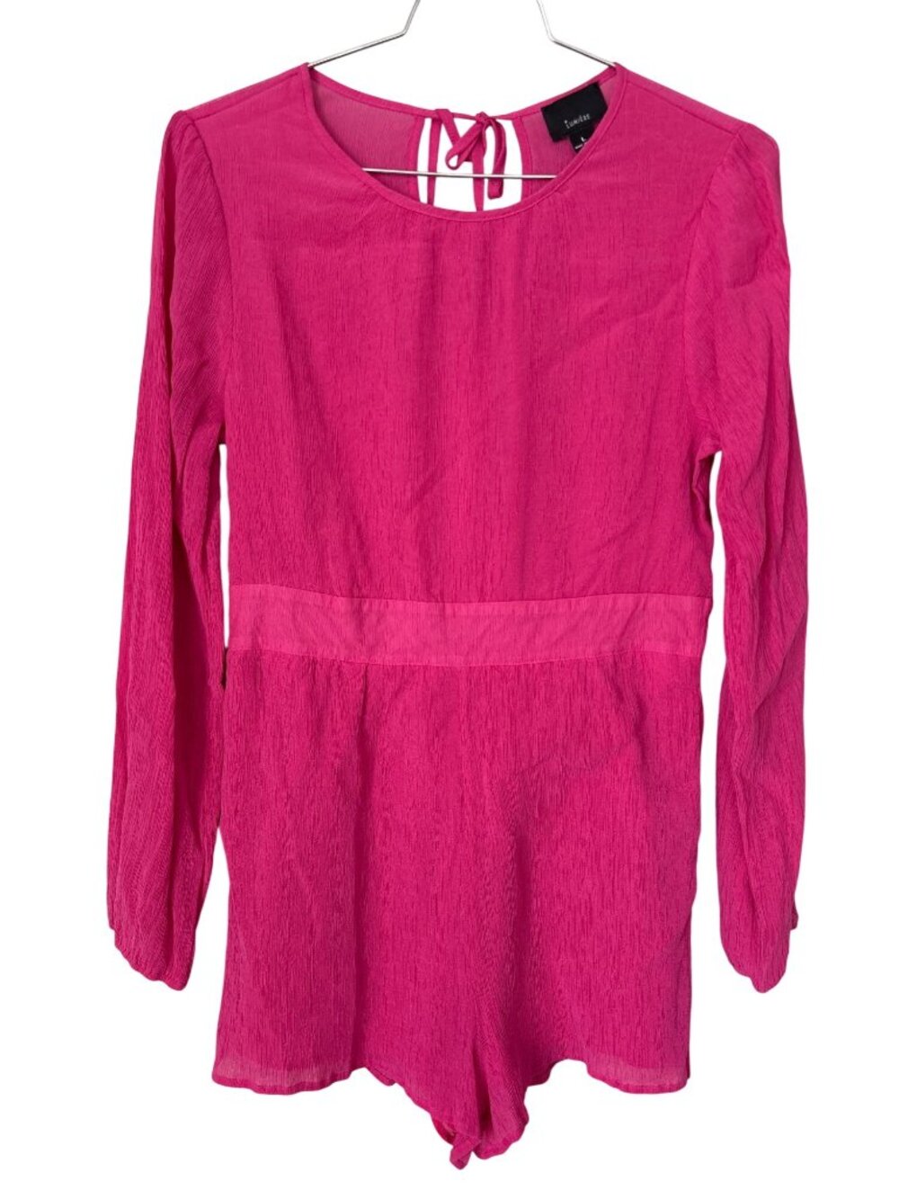 Lumiere Romper Large Long Sleeve Keyhole Back Tie Polyester Hot Pink Barbiecore